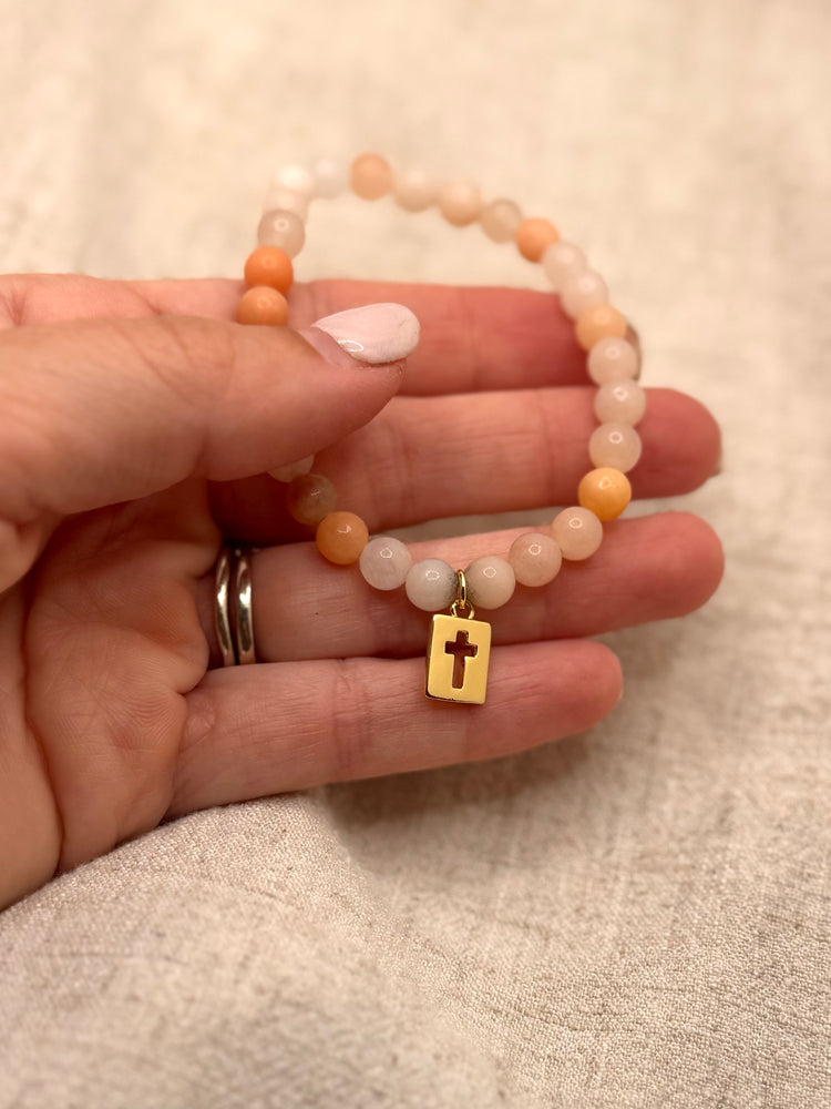 Grace & Serenity Pink Aventurine Beaded Bracelet with Gold Cross Charm Simply Korena