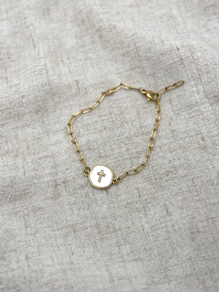 Devotion – White Coin Cross Bracelet | Tarnish-Free Adjustable Paperclip Chain Simply Korena