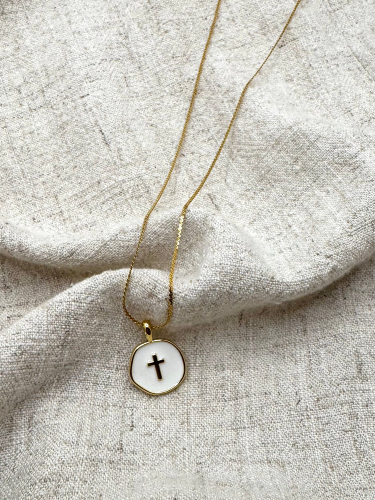 Haven White Coin Cross Necklace – Tarnish-Free 18" Dainty Rope Chain Simply Korena