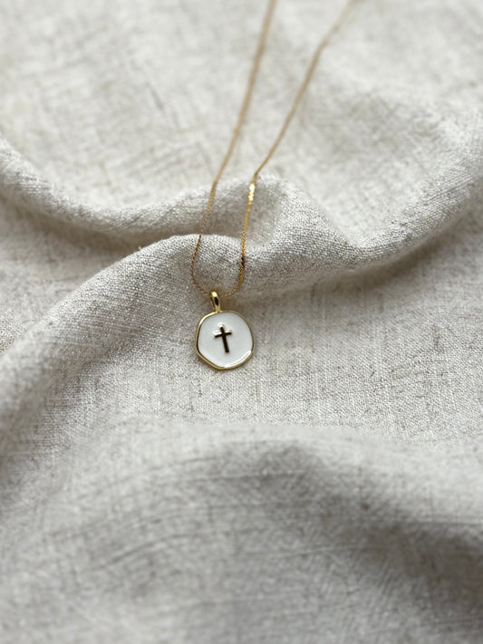 Haven White Coin Cross Necklace – Tarnish-Free 18" Dainty Rope Chain Simply Korena
