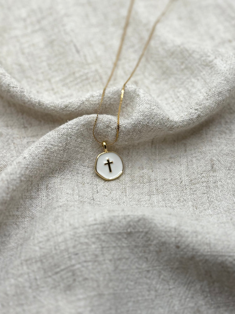 Haven White Coin Cross Necklace – Tarnish-Free 18" Dainty Rope Chain Simply Korena