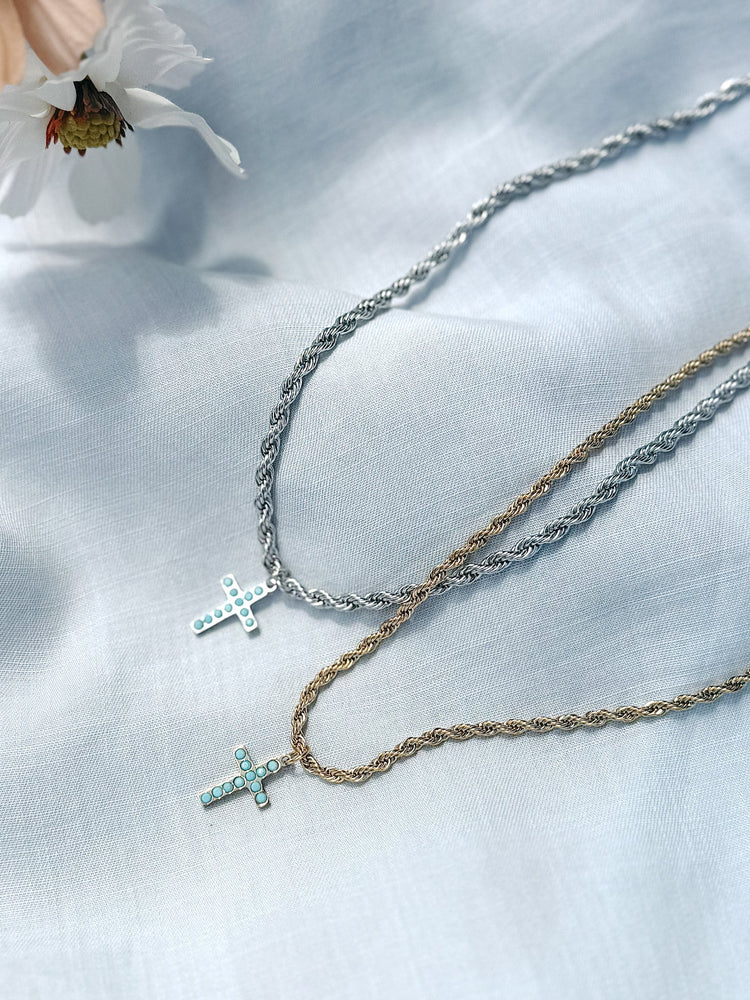 Turquoise Cross Necklace – Gold or Silver 18" Cable Chain | Tarnish-Free Simply Korena