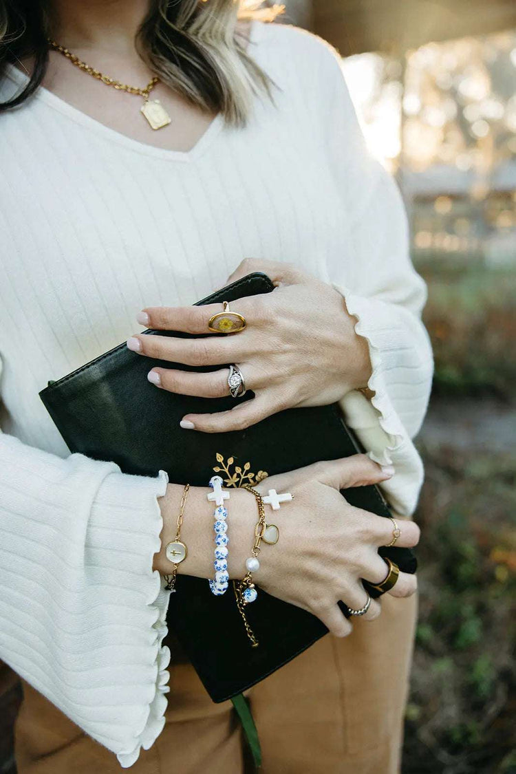 Gracebloom – Floral Beaded Pearl Cross Bracelet | Handmade Faith Jewelry