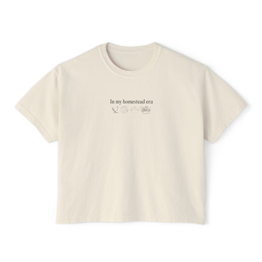 In My Homestead Era boxy cotton shirt chicken mama sourdough dutch oven garden fresh veggies home maker era raw milk from scratch kitchen Printify