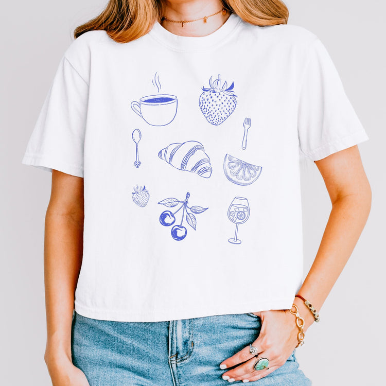 Brunch Club tee Brunch with the girls boxy cropped cotton tee Geometric Food casual trendy shirt for spring and summer Paris inspired Printify