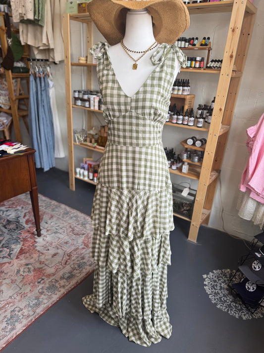 Gingham Tiered Maxi Dress - Green ￼ Simply Korena