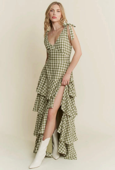 Gingham Tiered Maxi Dress - Green ￼ Simply Korena
