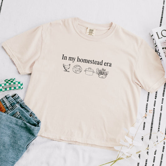 In My Homestead Era boxy cotton shirt chicken mama sourdough dutch oven garden fresh veggies home maker era raw milk from scratch kitchen Printify