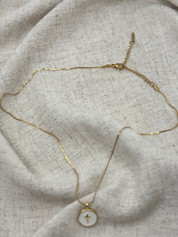 Haven White Coin Cross Necklace – Tarnish-Free 18" Dainty Rope Chain Simply Korena